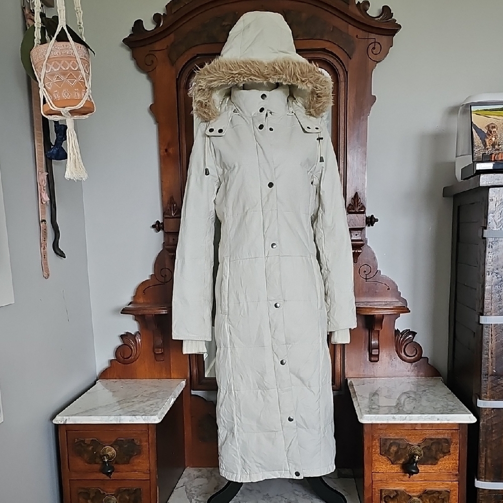 Danier Women's Cream Leather Long Coat with Faux Fur Trim Hood